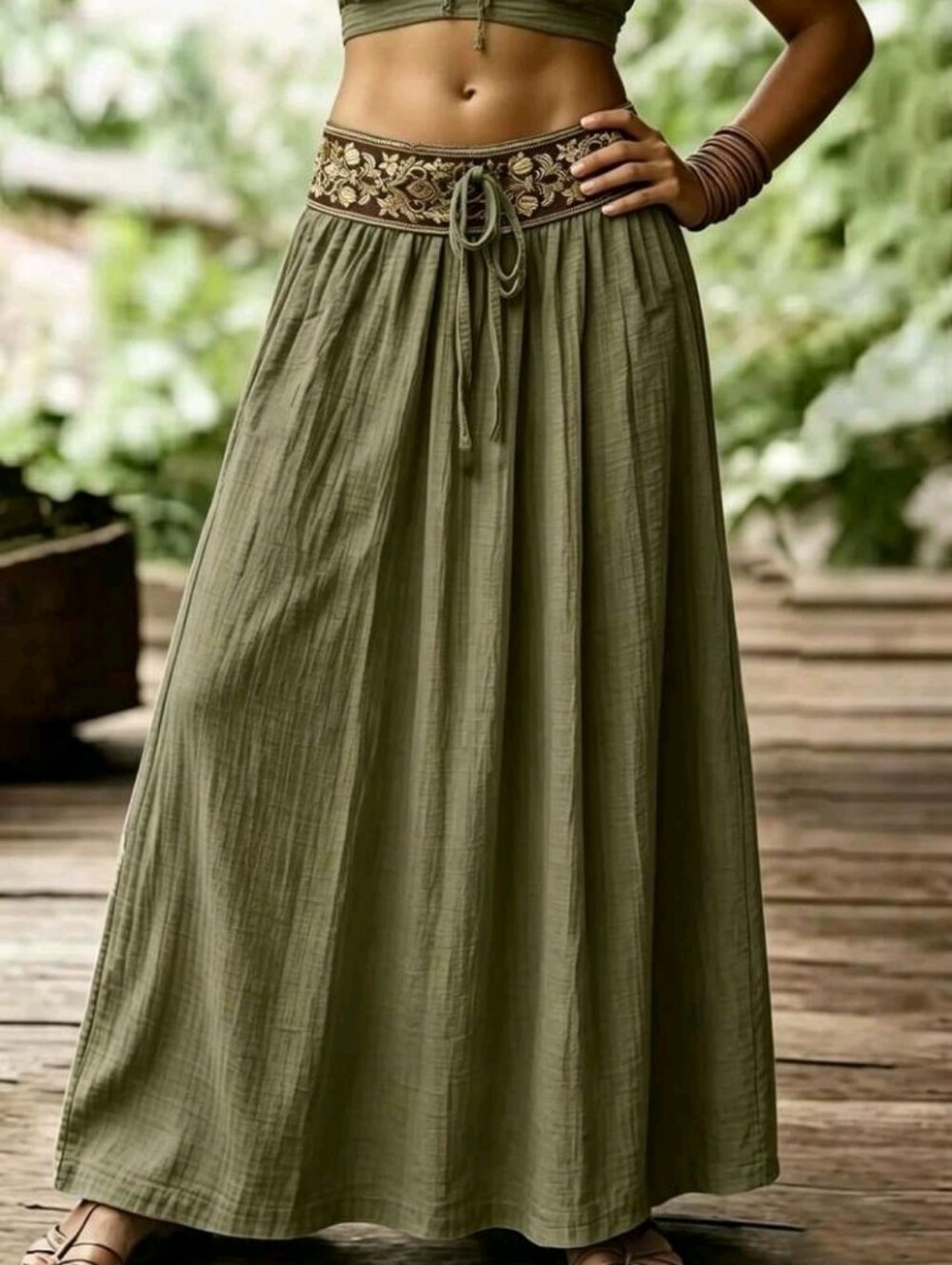 Women's Wavy Pleated Embroidered Floral Pattern Woven Waist Skirt - Picture 6 of 7